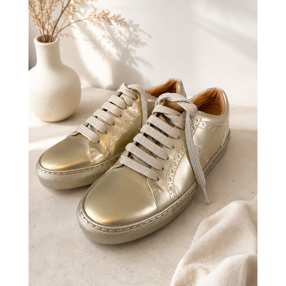 Donald Pliner Andy-10 Gold Metallic Leather Brogue Sneakers Womens Size 10 Spain